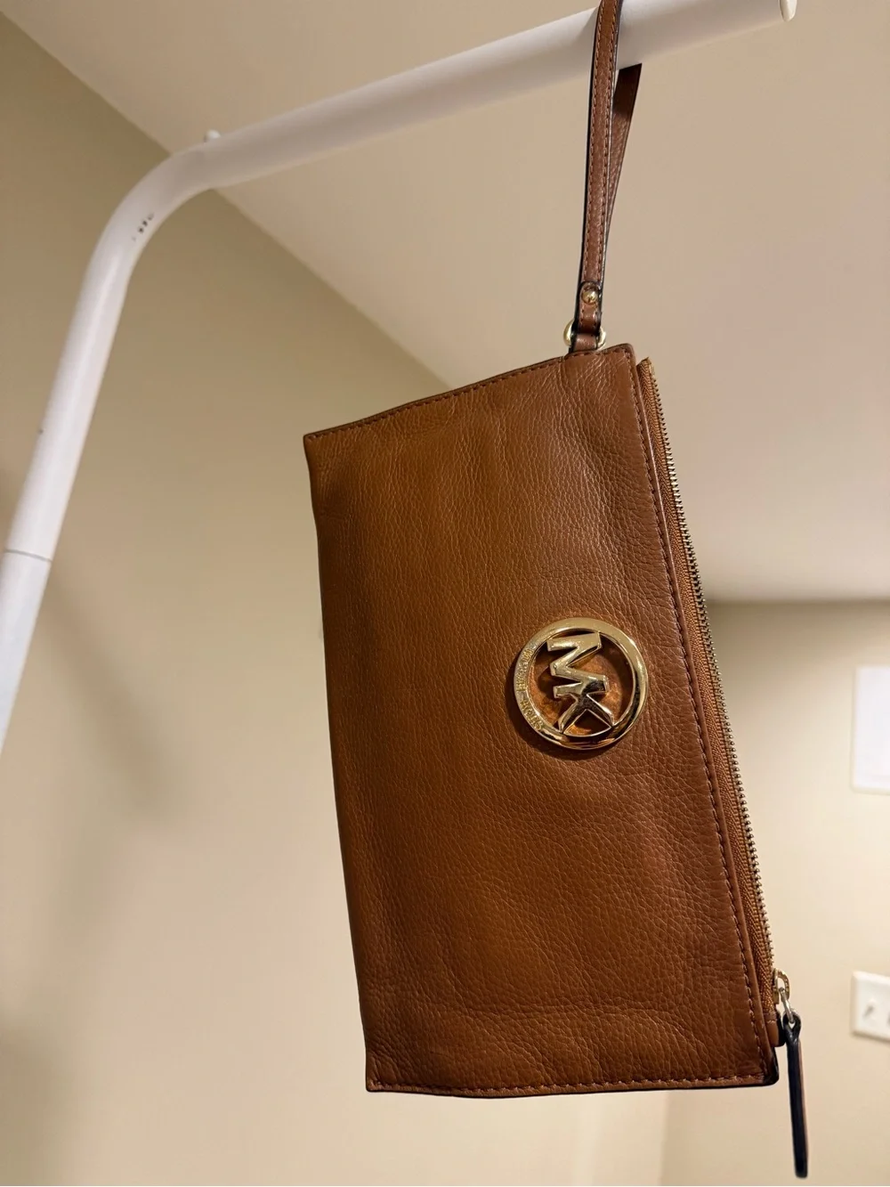 Michael Kors Cognac Leather Wristlet with Gold MK Emblem